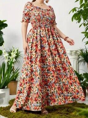 SHEIN Curve Plus Size 4XL Floral Smocked Square Neck Maxi Dress Orange Blue